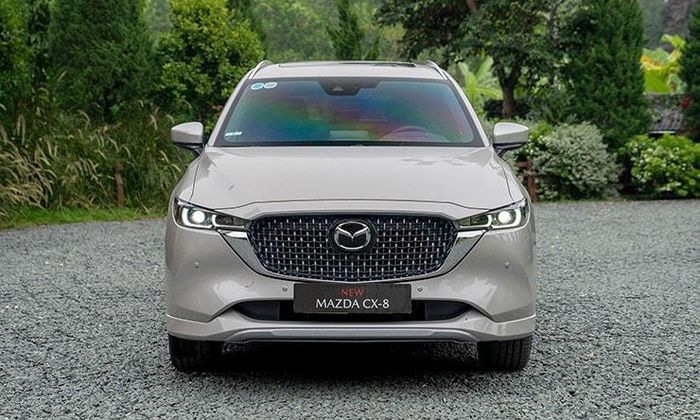 Cụm lưới tản nhiệt bóng bẩy hơn, kết hợp với viền crom Signature Wings sáng bóng trên Mazda CX-8 mới.