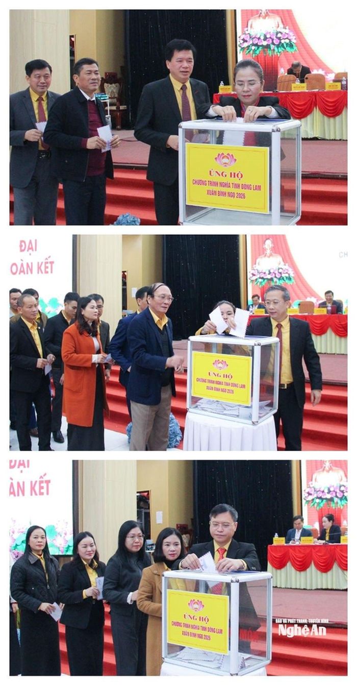 Các đồng chí lãnh đạo tỉnh và Ủy viên Ủy ban MTTQ Việt Nam tỉnh ủng hộ Chương trình "Nghĩa tình dòng Lam - Xuân Bính Ngọ 2026" Ảnh: Mai Hoa