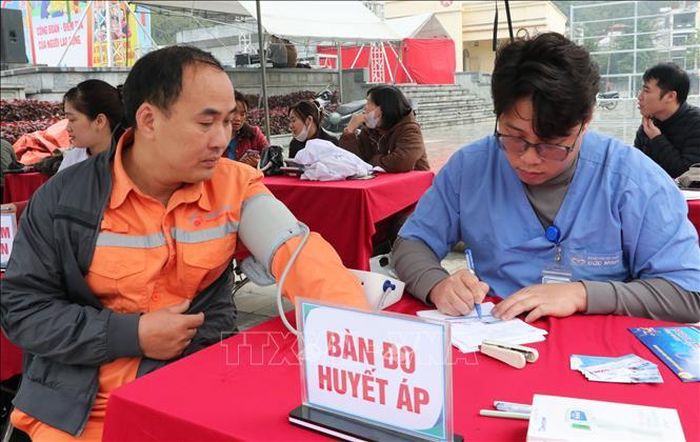 Khám sức khỏe, tư vấn và cấp phát thuốc miễn phí cho công nhân, người lao động. Ảnh: Đức Thọ/ TTXVN
