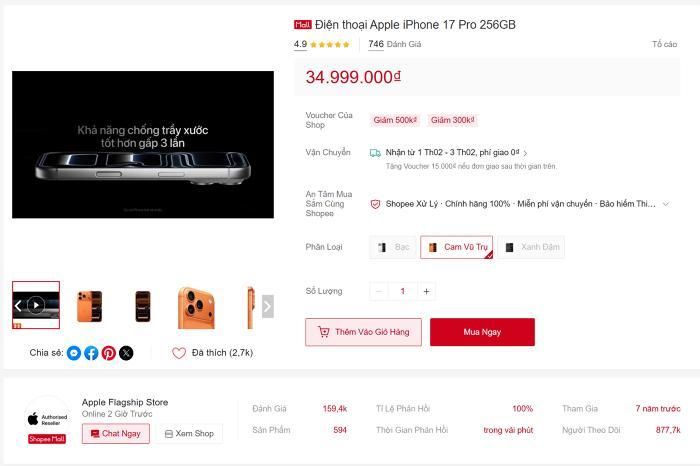 Sản phẩm iPhone 17 Pro 256GB trên Gian hang Apple Flagship Store với mức đánh giá 4.9 sao. Ảnh chụp màn hình.