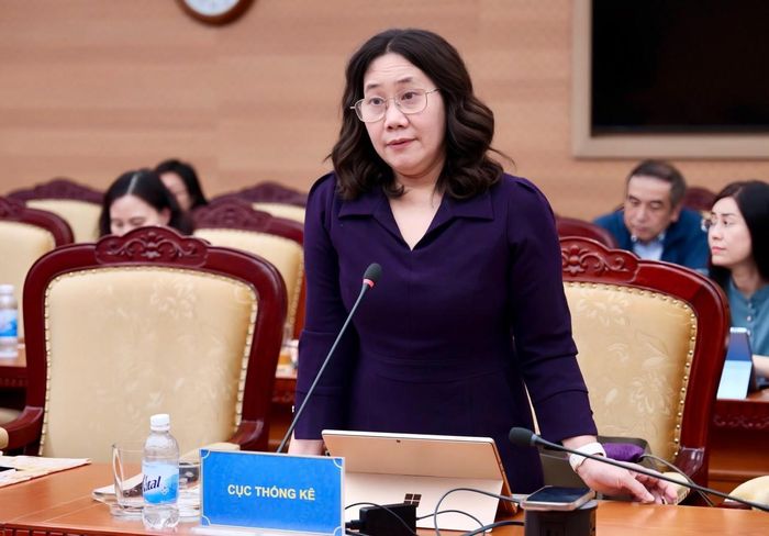 Cục trưởng Cục Thống kê Nguyễn Thị Hương báo cáo tại cuộc họp. Ảnh: Mạnh Tuấn