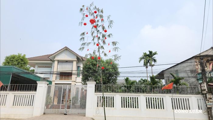 Trên ngọn nêu, người dân treo lồng đèn đỏ và giữ lại chùm lá tươi với ý nghĩa mang lại sinh khí cho gia chủ - Ảnh: Phùng Thọ.
