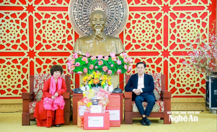 Chủ tịch UBND tỉnh Võ Trọng Hải và bà Thái Hương - Nhà sáng lập, Chủ tịch Hội đồng Chiến lược Tập đoàn TH, Tổng Giám đốc Ngân hàng TMCP Bắc Á trao đổi tại cuộc gặp. Ảnh: Thành Duy