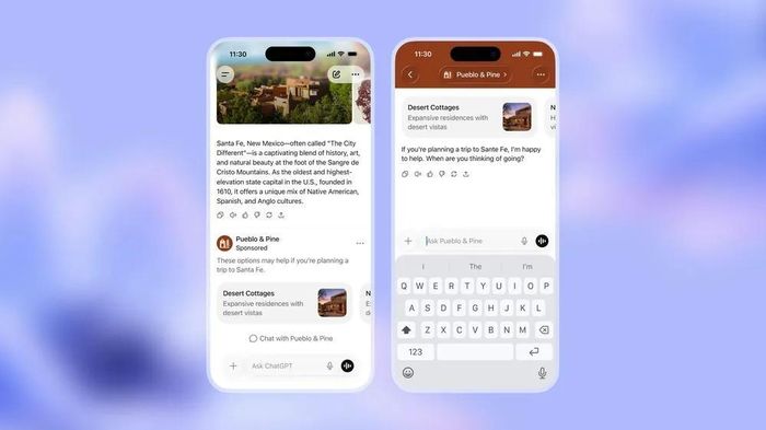  Hai cuộc trò chuyện với chatbot về du lịch có đính kèm quảng cáo. Ảnh: OpenAI. 