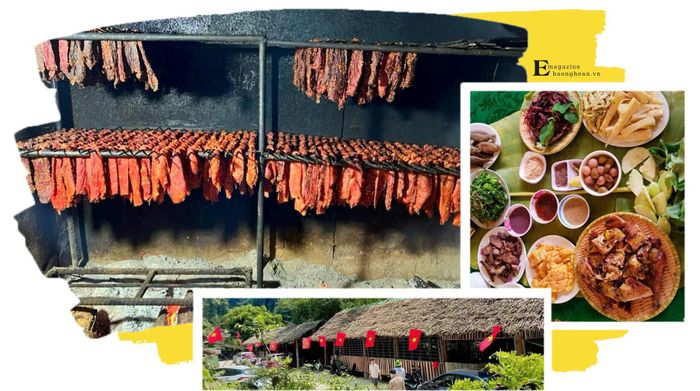 Những ngày này, các hộ sản xuất, kinh doanh bò giàng ở xã Mường Xén luôn đỏ lửa để kịp các mẻ hàng phục vụ khách đặt Tết; Mâm cơm đậm bản sắc ẩm thực Thái thu hút khách đến với thác Liếp; Đường vào thác Liếp được trang trí đẹp mắt. Ảnh: T.P