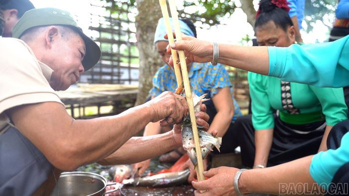 Trên hiên nhà sàn, đàn ông, phụ nữ Mường khéo léo làm sạch từng con cá.