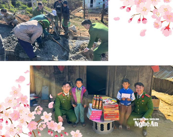 Công an xã Mường Xén hỗ trợ dân bản làm đường giao thông (ảnh trên). Cán bộ Công an xã Mường Xén thăm hỏi, trao quà cho các em nhỏ trong mô hình 'Em nuôi Công an xã' do đơn vị đảm nhận (ảnh dưới). Ảnh: PV