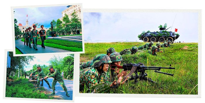 Ảnh trên cùng: Cán bộ, chiến sĩ Tiểu đoàn Kiểm soát quân sự 31 tuần tra trên địa bàn thành phố. Ảnh trái: Cán bộ, chiến sĩ Lực lượng vũ trang TP Hồ Chí Minh chung tay xây dựng nông thôn mới. Ảnh phải: Cán bộ, chiến sĩ Lực lượng vũ trang TP Hồ Chí Minh thường xuyên luyện tập nâng cao khả năng sẵn sàng chiến đấu.