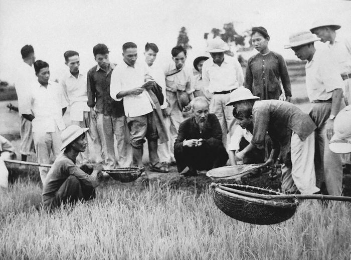 Chủ tịch Hồ Chí Minh thăm Hợp tác xã nông nghiệp Tân Lập, huyện Quốc Oai, tỉnh Hà Tây (8/7/1958). Ảnh: Tư liệu