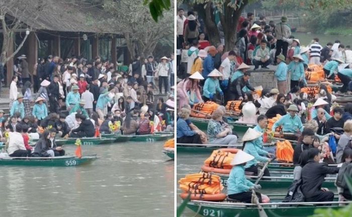 Khách chen chân chờ thuyền tham quan Tràng An. Ảnh: Bùi Thế Anh