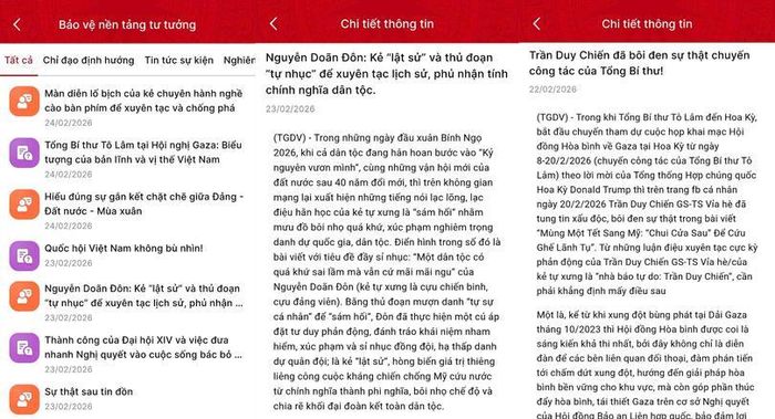 Những bài viết đăng trên ứng dụng Tuyên giáo và Dân vận nêu rõ quan điểm của Đảng về các nội dung được cho là bóp méo thông tin liên quan đến chuyến công tác của Tổng bí thư (ảnh chụp màn hình ứng dụng).