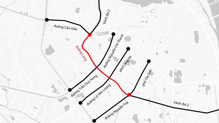  Đường Láng là tuyến giao thông trọng yếu dài hơn 4 km, chạy dọc theo bờ sông Tô Lịch, kết nối từ Cầu Giấy đến Ngã Tư Sở. Đây cũng là một trong những trục đường quan trọng của Hà Nội, đảm nhận vai trò kết nối khu vực cửa ngõ phía Nam thủ đô với đường Võ Chí Công, cầu Nhật Tân và sân bay Nội Bài. Ảnh: Google Maps. 
