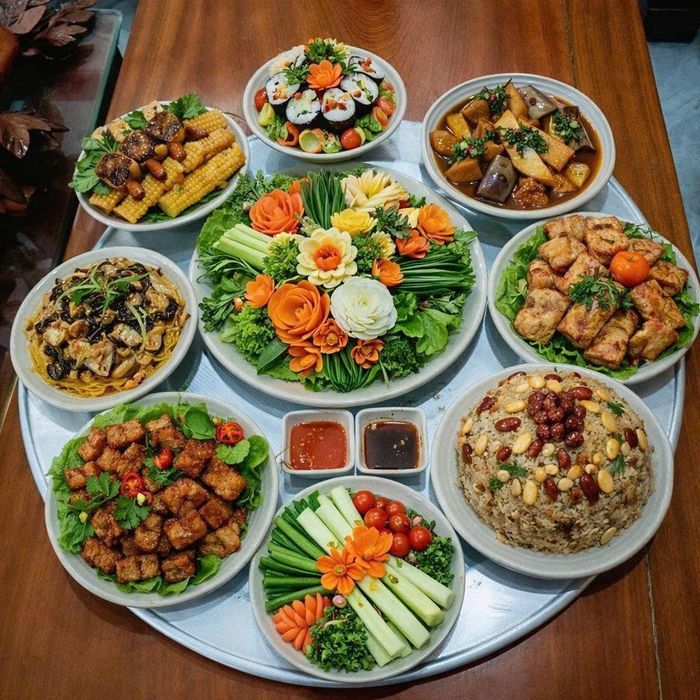 Mâm cỗ chay được chuẩn bị tròn đầy, tươm tất, thành kính là cách người dân gửi gắm mong ước về một năm mới đủ đầy, an yên và hanh thông. Ảnh: NVCC.