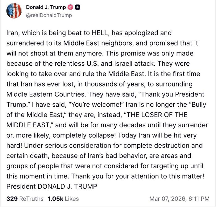  Bài viết đăng tải trên mạng xã hội Truth Social của ông Trump.