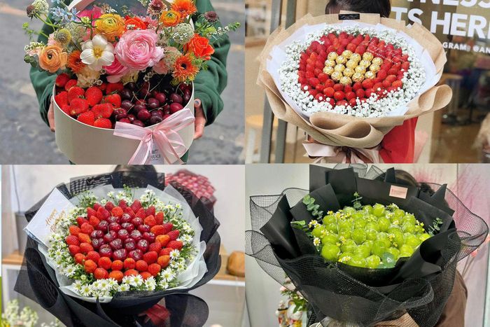 Các loại quả được khéo léo sắp xếp và trang trí thêm hoa, tạo thành những bó “hoa ăn được” bắt mắt. Ảnh: NVCC.