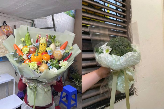 Những bó hoa rau củ được tạo hình độc đáo, vừa đẹp mắt vừa thiết thực làm quà tặng. Ảnh: NVCC.