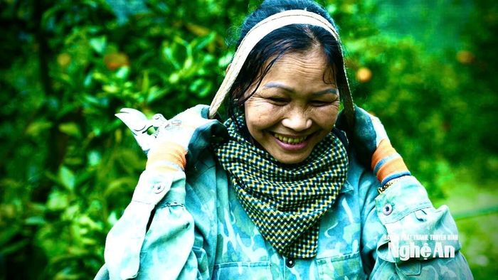Niềm vui của người lao động sau một ngày làm việc trong vườn cam. Ảnh: Như Phong