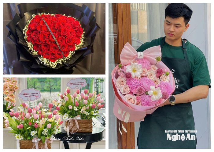Giá các loại hoa đa dạng, thiết kế độc đáo với đủ chủng loại. Có những bó chỉ 250-200.000 đồng song cũng có những bó, lẵng lên đến cả triệu đồng. Ảnh: T.P