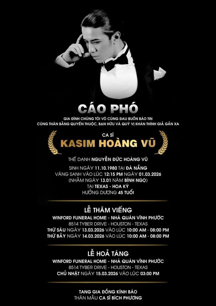 Cáo phó của ca sĩ Kasim Hoàng Vũ. Ảnh: FBNV