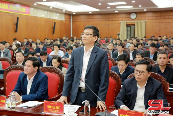Đồng chí Đào Tài Tuệ, Ủy viên Ban Thường vụ Tỉnh ủy, Giám đốc Sở Xây dựng phát biểu tại cuộc họp.