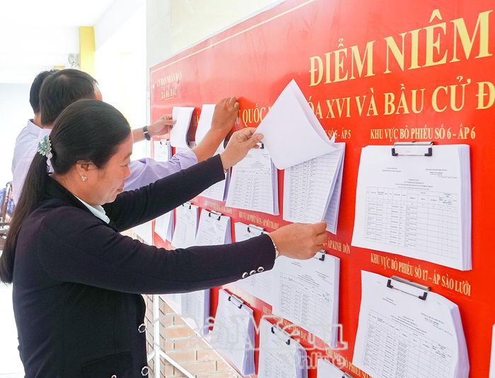  Bà con cử tri tìm hiểu tiểu sử ứng cử viên được niêm yết tại các địa điểm bỏ phiếu.