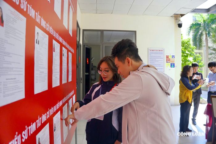 Sinh viên tìm hiểu thông tin các ứng cử viên tại điểm niêm yết.