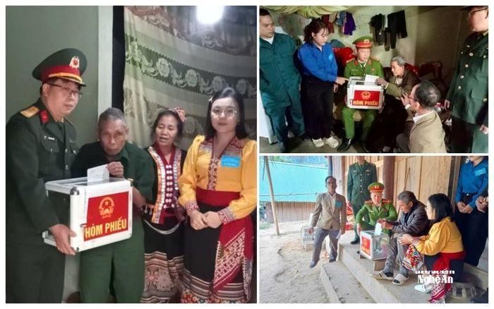 Lực lượng chức năng đưa hòm phiếu đến tận nhà các cử tri bản Phồng, xã Tam Thái. Ảnh: P.V
