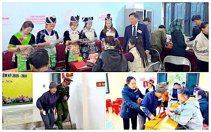 Các tổ bầu cử giúp người cao tuổi ở xã Huồi Tụ tham gia bầu cử sớm ngày 13/3. Ảnh: P.V