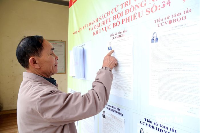 Cử tri thôn Phú Liên, xã Quỳnh Phú nghiên cứu tiểu sử các ứng cử viên được niêm yết công khai tại khu vực bỏ phiếu trước ngày bầu cử. Ảnh: X.H