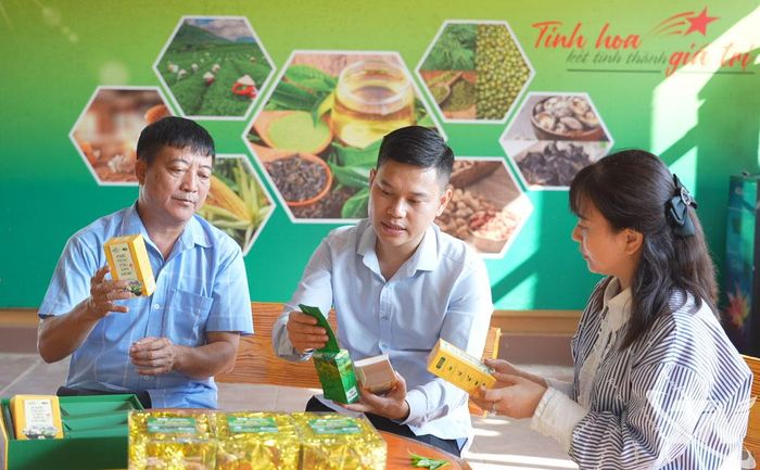 Anh Phạm Tiến Đạt (ngồi giữa), Giám đốc HTX Dịch vụ nông lâm nghiệp Văn Lăng, giới thiệu sản phẩm chè được sản xuất theo quy trình mới.