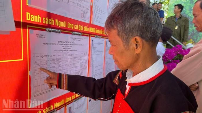 Cử tri Y Thút Byah, 77 tuổi ở buôn Tuôr, xã Hòa Phú xem tiểu sử các ứng viên trước khi bỏ phiếu.