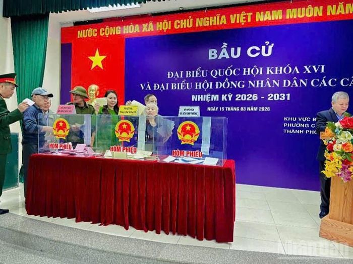 Chị Lê Thương tham gia bỏ phiếu tại điểm bầu cử phường Cầu Giấy, Hà Nội.