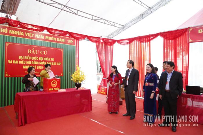 Tổ công tác số 3 thuộc Đoàn kiểm tra số 1 của tỉnh kiểm tra công tác bầu cử tại Khu vực bỏ phiếu số 1 (UBND phường Đông Kinh)