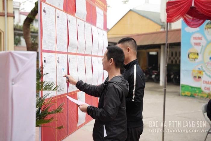 Cử tri tìm hiểu tiểu sử tóm tắt của các ứng cử viên tại điểm bầu cử Trường Tiểu học Thất Khê, xã Thất Khê