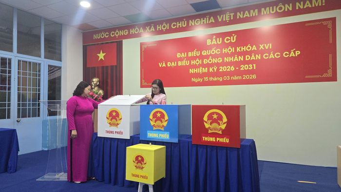 Thành viên đơn vị bầu cử kiểm tra hòm phiếu tại điểm bầu cử phường Cầu Ông Lãnh (TP. Hồ Chí Minh)