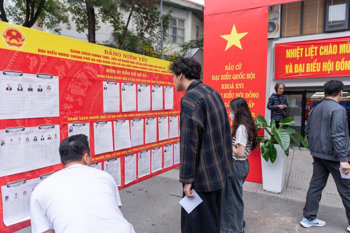 Cử tri theo dõi bảng niêm yết tiểu sử các ứng cử viên. Ảnh: Mạnh Hưng