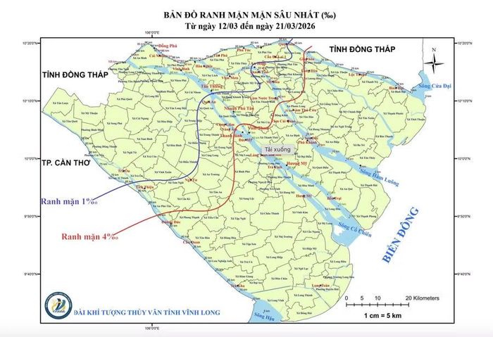 Bản đồ thể hiện ranh mặn sâu nhất ở Vĩnh Long trong tháng 3/2026.