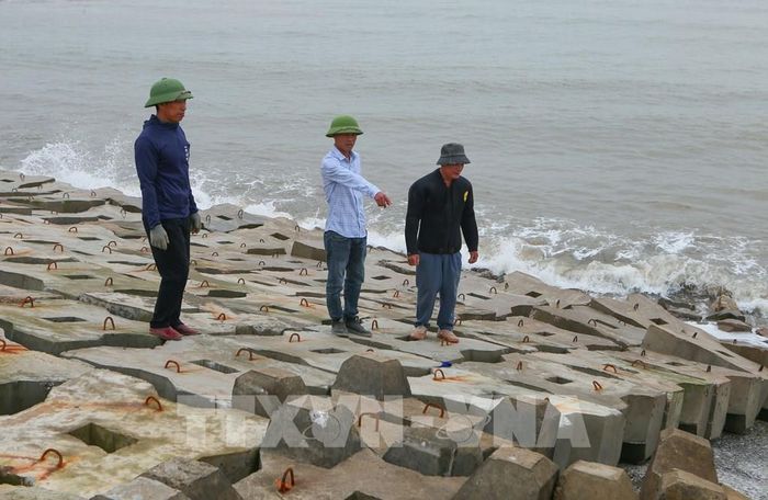 Các đơn vị thi công kiểm tra vị trí sạt sập tại kè Hải Thịnh 3. Ảnh: Công Luật - TTXVN