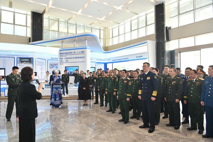 Hai Bộ trưởng cùng đoàn đại biểu hai nước đến tham quan khu thí điểm mở y học quốc tế Phòng Thành Cảng. Ảnh: BQP