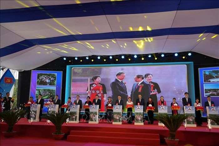 Phó Thủ tướng Lê Thành Long và các đại biểu ấn nút khởi công, động thổ công trình. Ảnh: Hồng Ninh/TTXVN