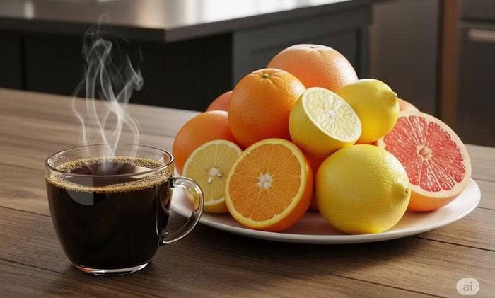  Nên tránh các loại trái cây họ cam quýt khi dùng chung với cà phê. Ảnh: AI 