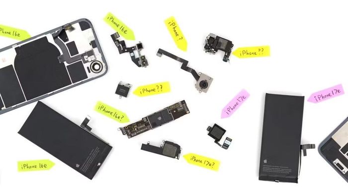 Các bộ phận của iPhone 17e sau khi tháo rời.