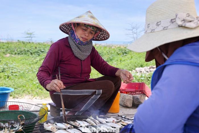 Với chậu than củi, khung sắt đặt phía trên và đôi đũa dài, bà Bùi Thị Cảnh (trú xã Hải Châu) thoăn thoắt xếp, trở cá phục vụ khách. Công việc thường bắt đầu từ khoảng 8h, khi bè cá vừa cập bờ. "Nghề nướng cá trích chỉ diễn ra vài tháng trong năm nên tranh thủ kiếm thêm thu nhập. Trước đây nướng cầm chừng, nhưng năm nay lượng khách tăng mạnh, người trong và ngoài xã đến ăn tại chỗ đông hơn nên bà phải nướng nhiều hơn để kịp phục vụ. Trung bình mỗi ngày tôi nướng từ 5-7 yến cá trích", bà Cảnh chia sẻ.
