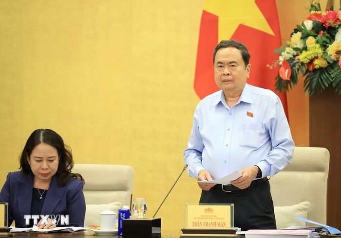Chủ tịch Quốc hội, Chủ tịch Hội đồng bầu cử Quốc gia Trần Thanh Mẫn phát biểu. (Ảnh: Tuấn Anh/TTXVN)
