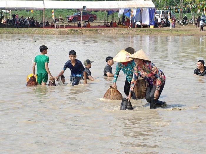 Bà con hào hứng đổ xuống bàu bắt cá. Ảnh: DTMN