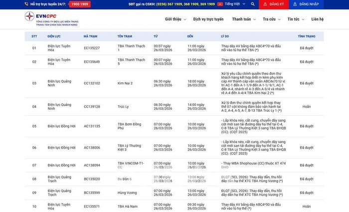 Lịch cắt điện tỉnh Quảng Trị ngày mai 26/3 trên website của EVNCPC cập nhật ngày 25/3. Ảnh: Bnews/vnanet.vn