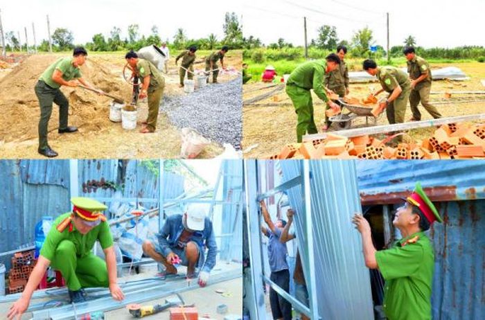Cán bộ, chiến sĩ Công an tỉnh Cà Mau hỗ trợ ngày công, giúp người dân xây dựng nhà ở.