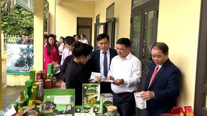 Đại biểu thăm các gian trưng bày sản phẩm chế biến chè Shan tuyết. (Ảnh: TUẤN SƠN)