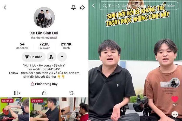 Ở kênh TikTok, Vinh- Vũ lập tài khoản mang tên “Xe lăn sinh đôi” để chia sẻ những khoảnh khắc đời thường và nỗ lực vượt khó của mình. Ảnh chụp màn hình tài khoản Xe lăn sinh đôi.