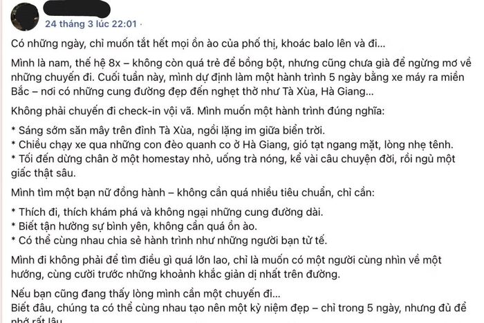 Một bài đăng tìm bạn đồng hành trong group Ghép đôi du lịch
